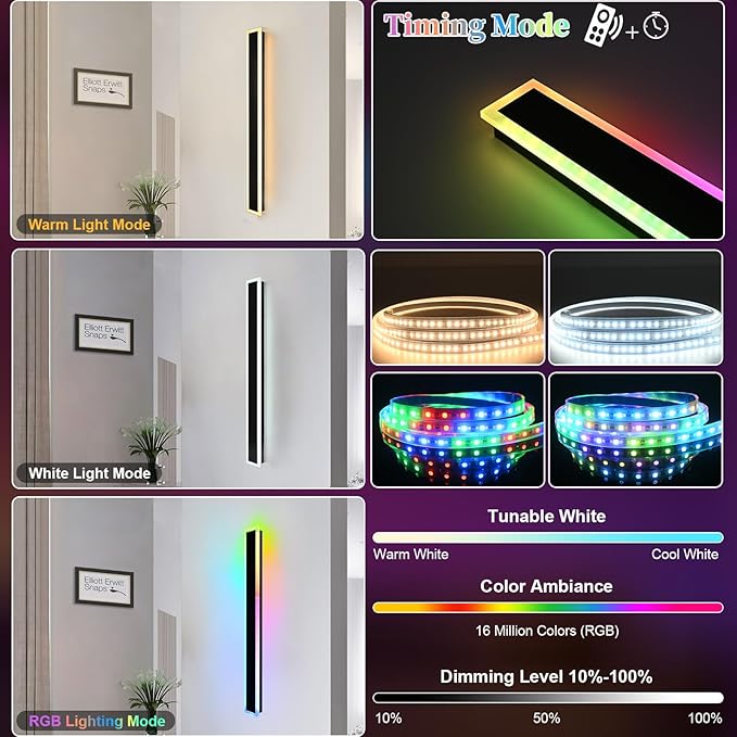 Modern Outdoor Wall Light,2 Pack RGB Led Wall Lights Fixture,32 inch Wall Sconce Lights,Dimmable Long Exterior lighting Fixtures with Control Remote,Outside RGB LED Long Lights for Porch,Patio,Garage