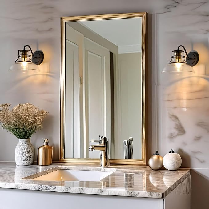 Gooseneck Barn Light Vintage Wall Lamp,Farmhouse Wall Sconces Indoor with Clear Glass Shade, Gold and Black Wall Sconce Over Kitchen Sink, for Bathroom Porch Kitchen Living Room Restaurant (2Pack)