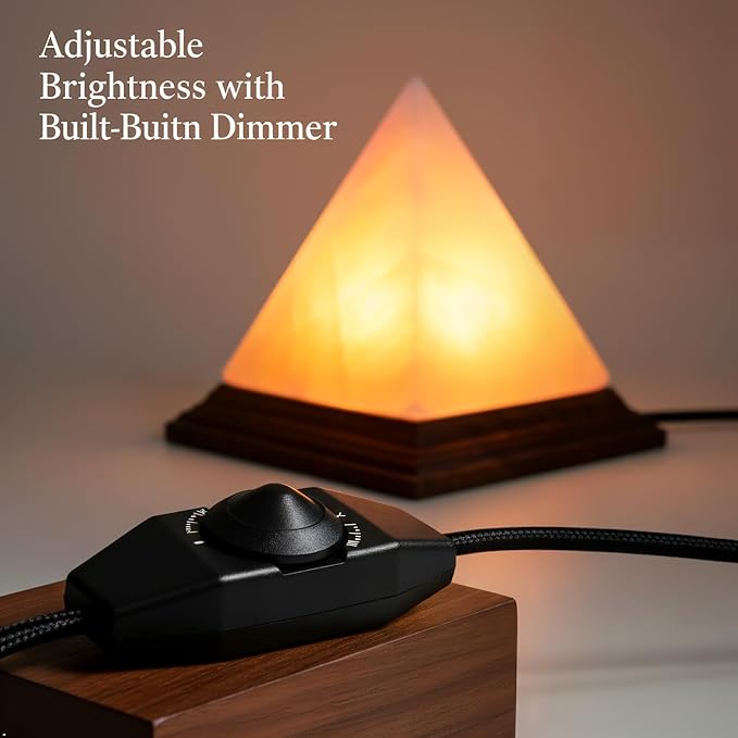 Himalayan Pink Salt Pyramid Lamp 7 Inch Tall with Dimmer Switch, Handcrafted Natural Crystal Salt Lamp, Warm Yellow Glow Night Light for Bedroom, Office & Home Decor Gift