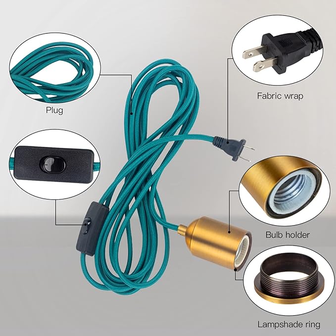 Pendant Light with Plug in Cord Rope Hanging Lamp Bulb Socket Teal Fabric Cloth Covered with Switch Fixture Braided Lighting Cords Industrial Porcelain Gold Holder DIY Retro Swag Lights Shade 15ft