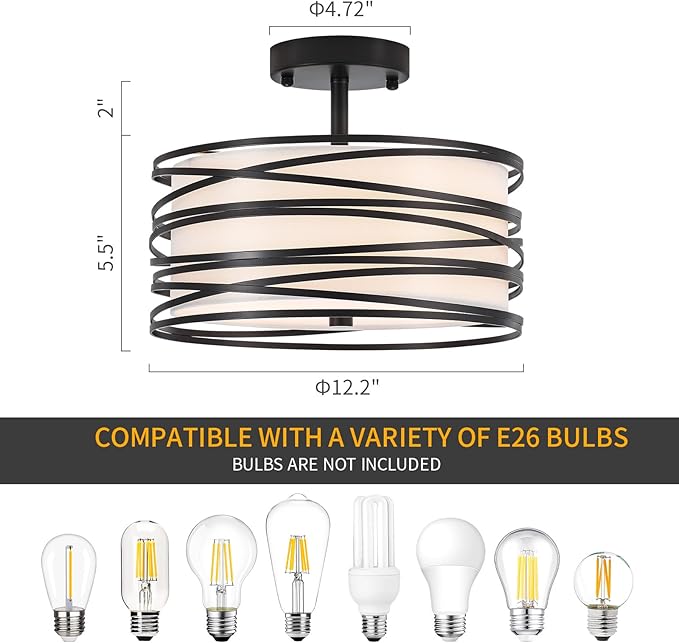 Drum Semi Flush Mount Ceiling Light Fixture Vintage Modern Farmhouse 2-Lights Linen Drum Ceiling Lighting Rustic Black Ceiling lamp for Dining Room, Bedroom, Kitchen, Laundry Room