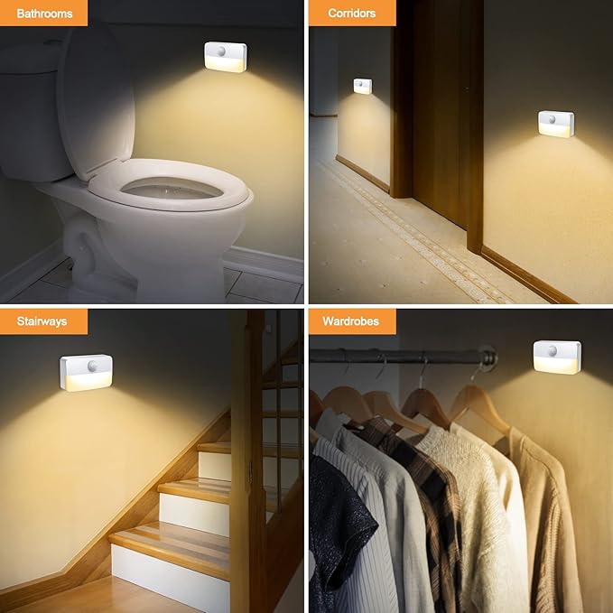 【4 Pack】 Motion Sensor Night Light, Stick-On Motion Sensor Lights Indoor, Battery Powered Under Cabinet Kitchen Lights with Adhesive Pads, Auto/On/Off for Cupboard Wardrobe Stair Kitchen- Warm White