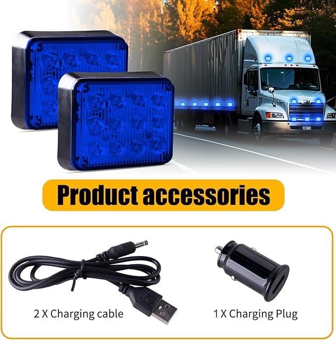 2PCS LED Wireless Magnetic Strobe Lights LED Blue Beacon Warning Emergency Light, Waterproof Surface Mount Flashing Rechargeable Strobe Light for 12V-24V Trucks Vehicles Police Cars ATV SUV