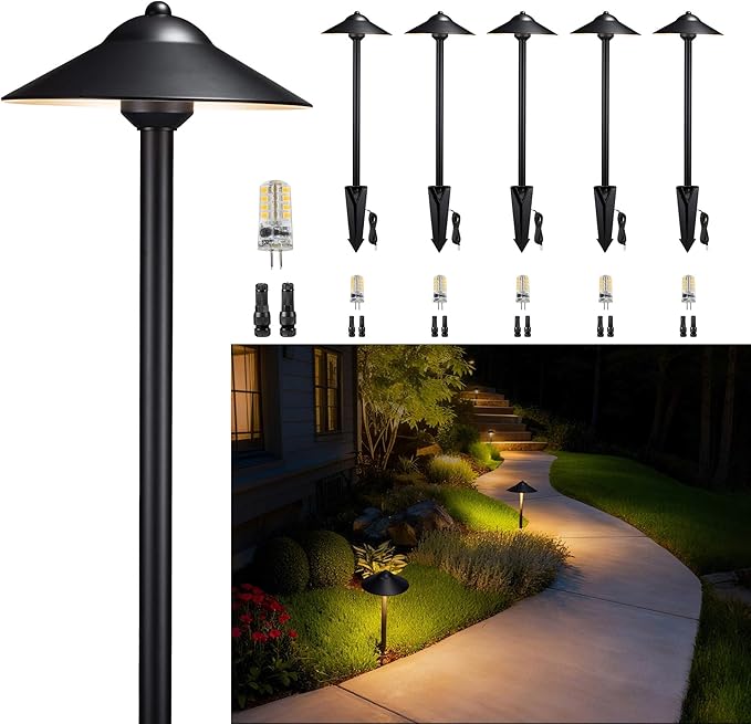 Gardenreet Brass Low Voltage Pathway Lights (9" Shade, 23.5" Tall) - Black 12V Path Light Waterproof, Wired Outdoor LED Landscape Area Lighting for Garden Walkway with 3W 270LM 5000K G4 Bulb (6 Pack)