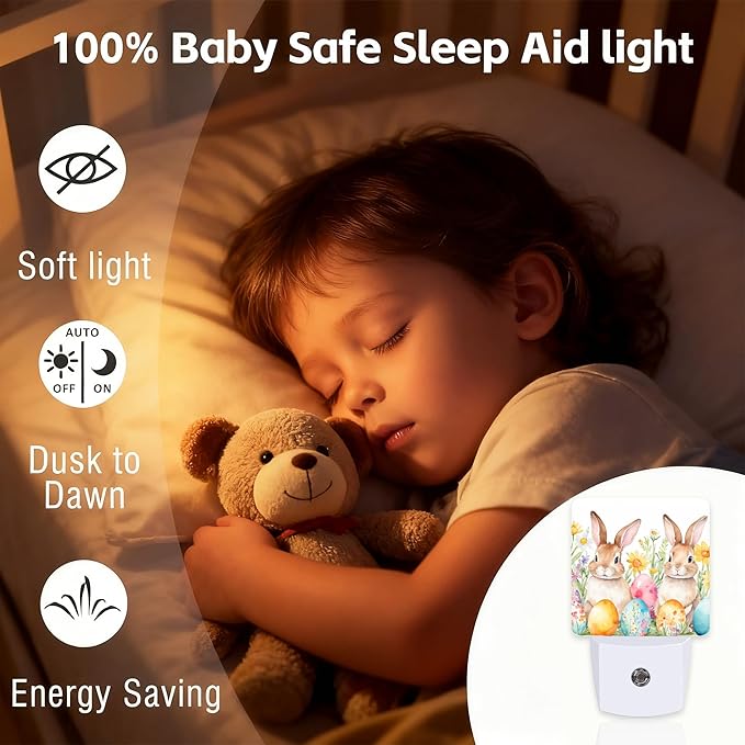 Easter Bunny Eggs Night Light for Kids,Dusk-to-Dawn Auto Sensor Happy Easter Floral Plug in Night Light,0.5W Energy Saving Non-Toxic for Bedroom/Bathroom,Ideal Gifts for Women Men