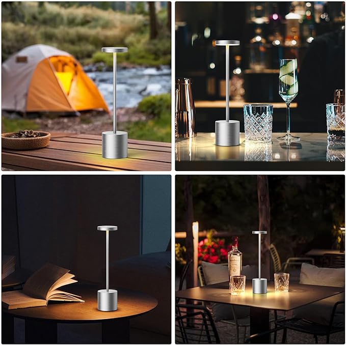 SAKRINGT Cordless Table Lamps Rechargeable,6000mAh Portable Battery Operated LED Table Light for Restaurant Outdoor 2 Pack Silver