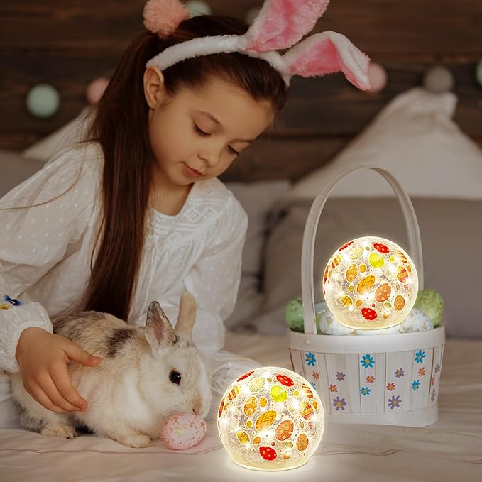 2 Pcs Easter Lighted Decorative Glass Ball 3.9inch Easter Egg Crackle LED Lights for Tabletop Decoration Globe Lamp Battery Operated for Holiday Indoor Party Table Gift