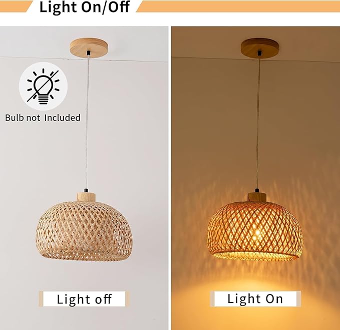 18inch Bamboo Rattan Pendant Lights, Hand-Woven Wicker Boho Hanging Ceiling Lights Fixture, Beige Pendant Lamp Rustic Farmhouse Chandelier for Kitchen Island, Dining Room, Bedroom, Living Room