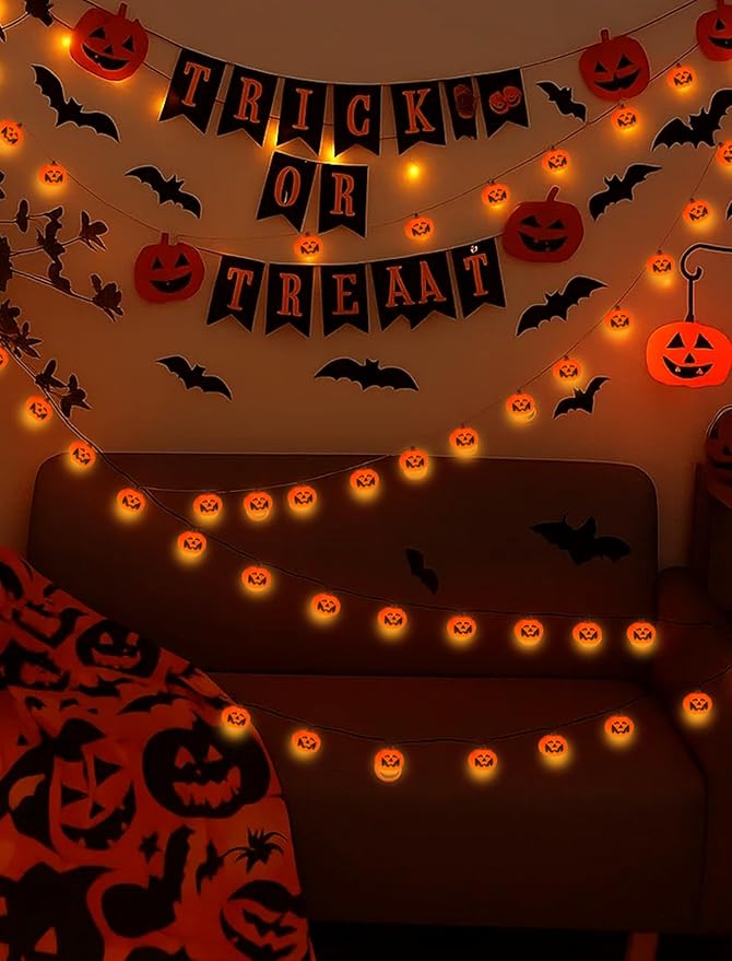 Halloween Pumpkin String Lights Outdoor Indoor, 10FT 12 LED Bat Pumpkin Lights, Waterproof Energy-Saving Halloween Decorations for Porch, Patio, Garden, Party, Trick-or-Treat