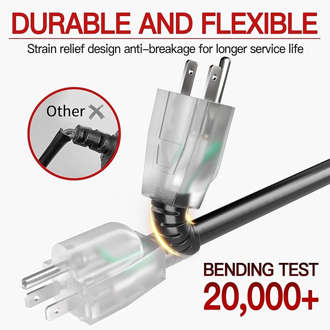 100 FT 14/3 Extension Cord Outdoor, Heavy Duty Weatherproof & Flame Retardant Black 3 Prong Power Cord with Light, Outside for Lawn & Garden, 13 Amps 1625 Watts 125 VAC 14AWG SJTW, ETL Listed