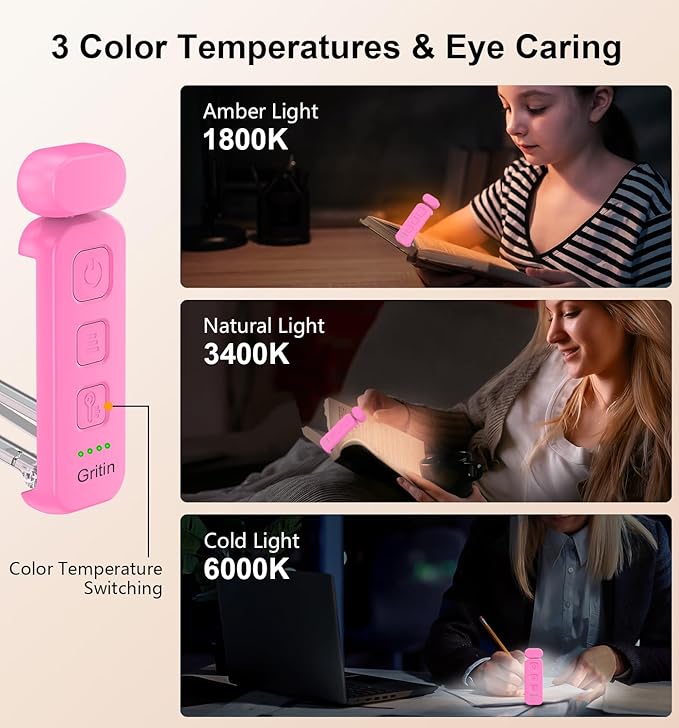 Gritin Reading Light,Book Light for Reading in Bed-Eye Caring 3 Colors, 5-Level Dimmable Brightness,Long Lasting, Compact Size Rechargeable Clip on Book Reading Light for Book Lovers-Rose