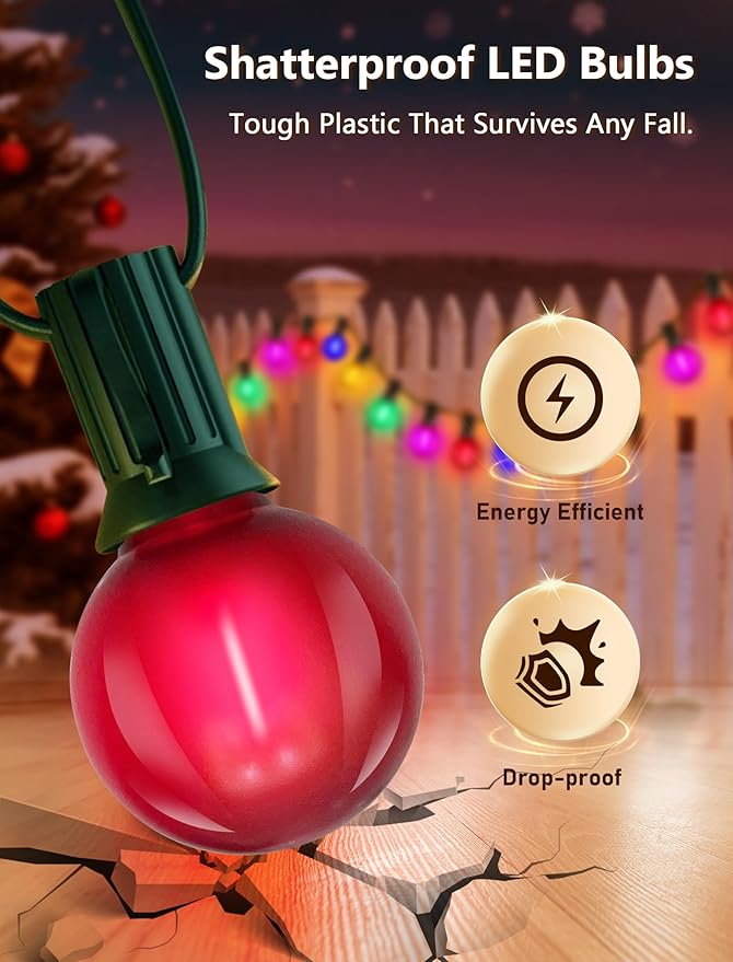 50Ft Outdoor Multicolor Christmas Lights, G40 Frosted Globe Patio String Lights with 27 Ceramic Colorful Bulbs(2 Spare), Connectable Vintage Christmas Bistro Lights for Holiday Party Backyard Christma