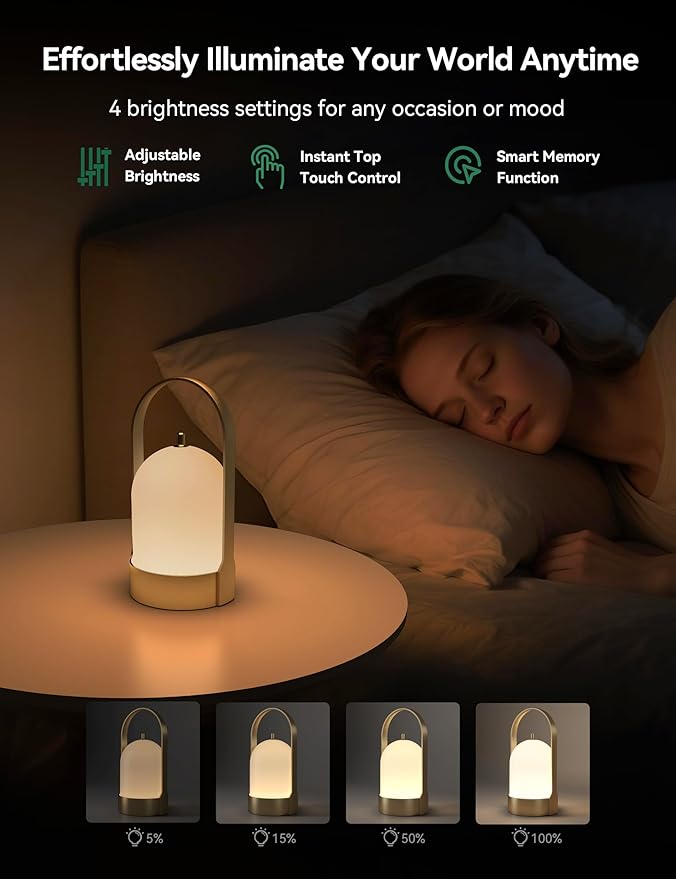 Tubicen Portable Lamp, Battery Operated Cordless Outdoor Table Lamps Rechargeable, 4-Level Touch Dimmable IP44 Shower Lamp, Night Light for Patio Camping Dining Room Bedroom (Brass, Waterproof)