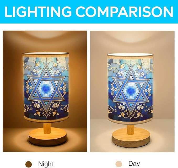 Star of David Table Lamp LED 3-Color Pressed Bedside, Star of David Shade Lamp with Wood Base for Bedroom Living Room Desk Office TL01