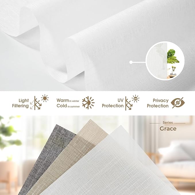 HeyBlinds Motorized Roller Shades, Smart Blinds for Windows, Remote Automatic Window Shades, Electric Shades, Light Filtering, Compatible with Alexa Google Apple Home (Grace-Perla White LF)