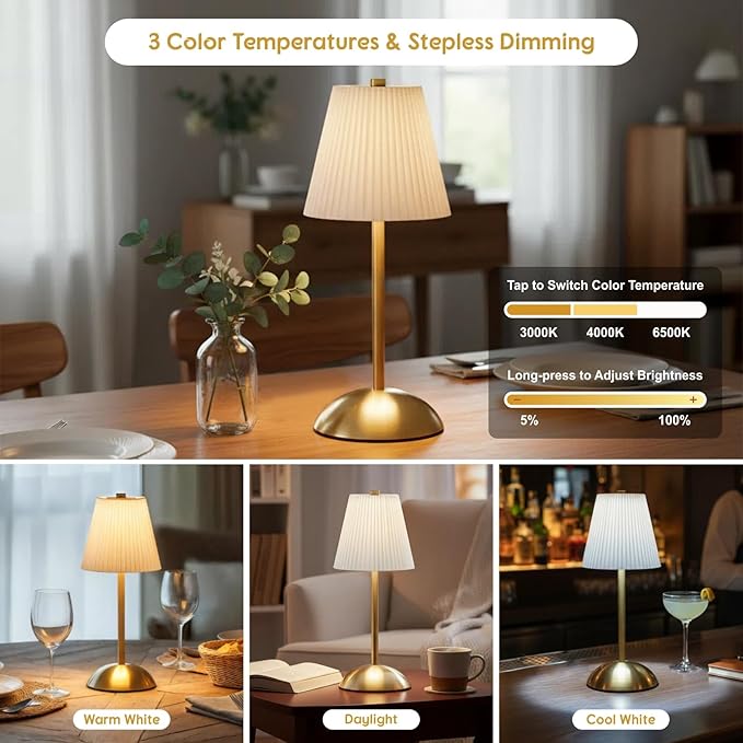 2-Pack Cordless Rechargeable Table Lamps, 3CCT & Stepless Dimming, LED Battery Operated Table Lamp with Touch Switch for Use in Bedroom, Dining Room, Outdoors, 4.5" W x 11.5" H (White)