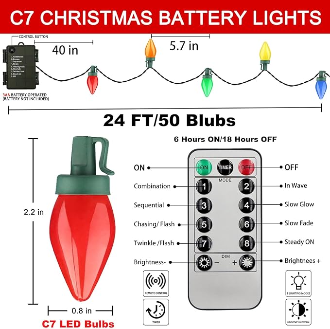 50 LED C7 Christmas Lights Battery Operated 24Ft C7 Christmas Lights C7 Christmas String Lights Remote Timer 8 Lighting Modes for Indoor Outdoor Room Garden Yard Roof Tree Party Christmas Decor