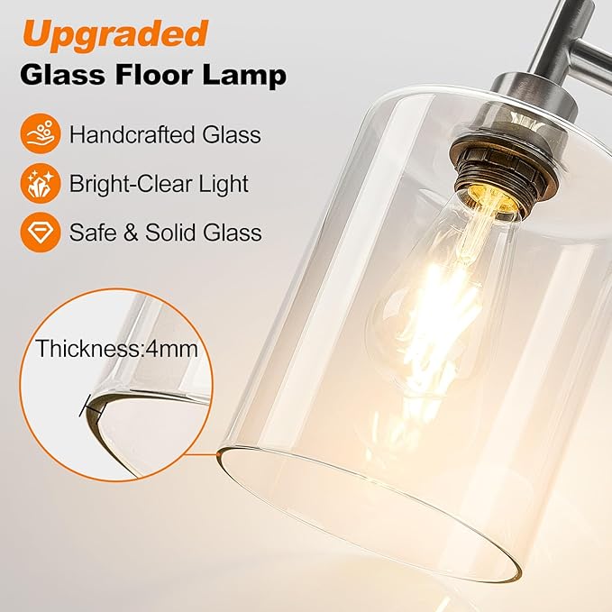 【Upgraded】Dimmable Floor Lamp for Living Room with Glass Lampshade, Brushed Nickel Modern Floor Lamp with 900LM LED Bulb Included, Bright Standing Tall Lamp for Bedroom, Office, Reading Room, Corner