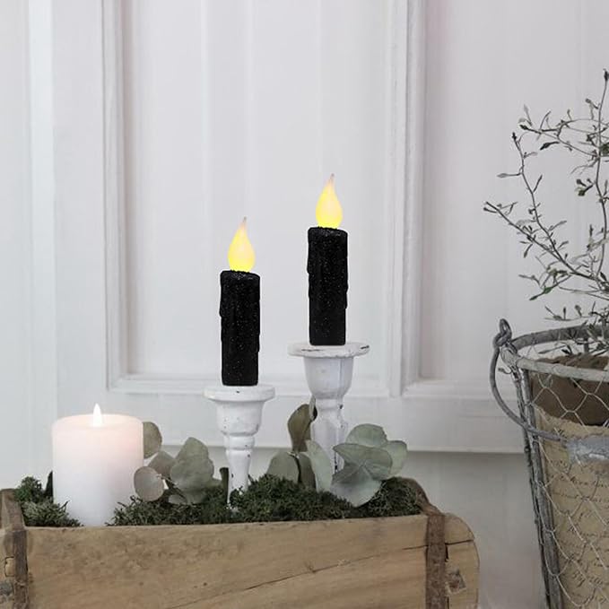 CVHOMEDECO. Glitter Flameless Candles Flickering Battery Operated LED Taper Candles with Timer for Home, Wedding, Halloween, Christmas Decor. Black, 4-3/4 Inch, Set of 6