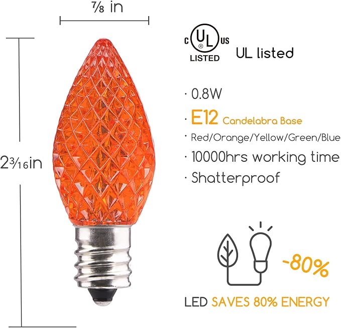 25 Pack C7 Led Replacement Christmas Light Bulb, C7 Shatterproof Led Bulbs for Christmas String Lights, E12 Candelabra Base, Commercial Grade Dimmable Holiday Bulbs, Multicolor