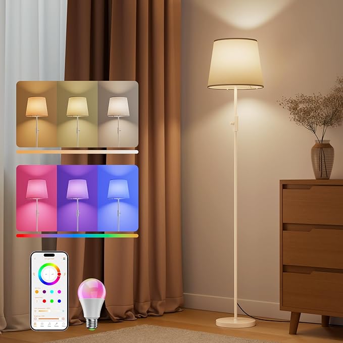 Smart Floor Lamp with RGBCW Color Change Bulb, Compatible with Alexa, Siri, Google Voice & App Control, Standing Lamp with Linen Shade, Tall Lamp for Living Room, Bedroom, Office,White