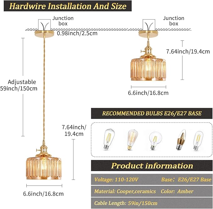 Pendant Light 2 Pack with Amber Striped Glass Lmapshade, Brass Vintage Pendant Light Adjustable Hanging Light for Kitchen Island Dining Room Hallway