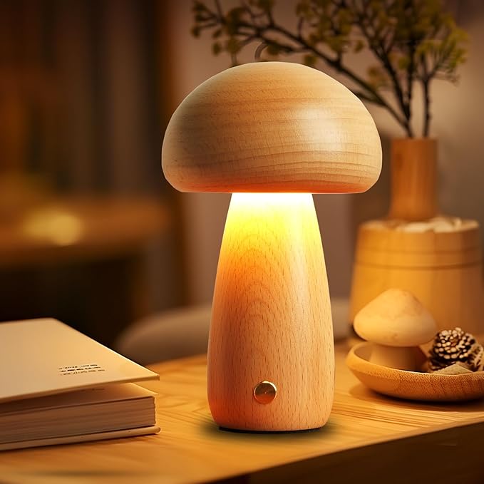Wooden Mushroom Lamp for Bedroom, Portable Cordless Small Rechargeable Battery Operated Lamp,Stepless Dimming, Night Light for Birthday Gifts