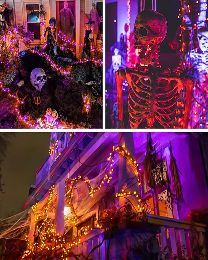 Orange Purple Solar Halloween Lights Outdoor Waterproof Halloween Decorations Outdoor Lights100 LED with 8 Modes for Party Patio Garden Tree Yard
