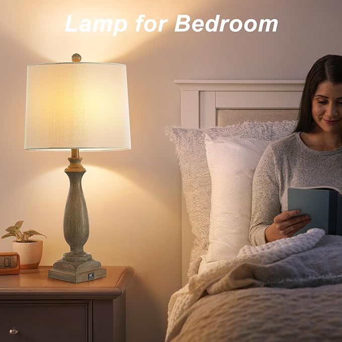 26'' Traditional Table Lamps Set of 2 with USB Charging Port, 3-Way Dimmable Rustic Farmhouse Resin Bedside Lamps for Bedroom, Vintage Nightstand Desk Lamp for Living Room &White Linen Shade