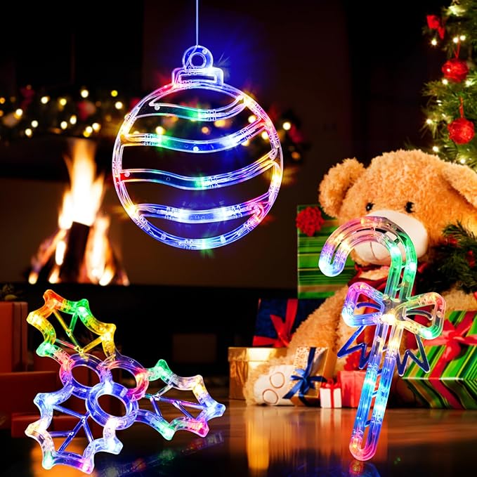 LOLStar Christmas Window Lights, 3 Pack Multicolor Christmas Ball, Holly Berry, Candy Cane LED with Suction Cups, Timer & Slow Fade, Battery Operated(Excluded) Christmas Decorations Light Up for Home