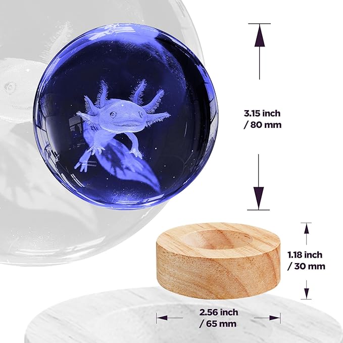 3D Axolotl Crystal Ball Night Light with Remote, Upgraded 3.15 Inch Axolotl Glass Ball Lamps with 16 Color LED Wooden Base for Birthday Holiday Xmas, Cool Axolotl Toy Decor Gifts for Boys Girls Kids