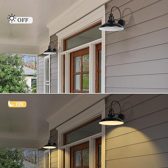 Outdoor Barn Light Fixtures, 12.3 Inch Large Dome Farmhouse Exterior Wall Mount Lights, Gooseneck Wall Sconce Indoor Wall Lighting, Industrial Black White Finish Lanterns for Porch, RZ004-4 BK+WH