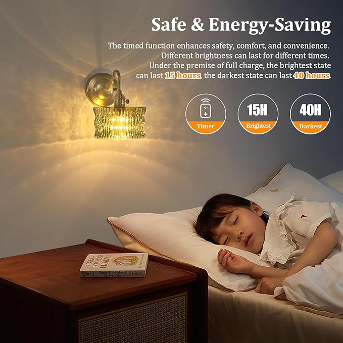 Battery Operated Wall Sconce, Vintage Rechargeable Wall Lights with Green Ripple Glass Shade, Wireless Indoor Wall Lamp with Remote for Bedroom Living Room Bathroom Hallway