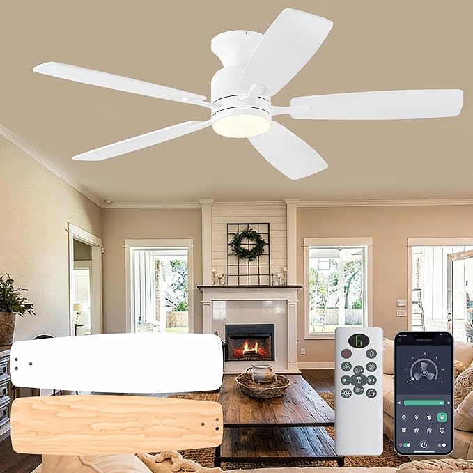KNUN 52 Inch Ceiling Fans with Lights,Flush Mount Ceiling Fan with Remote/APP Control, 3CCT Dimmable, Double-Sided Blades, Reversible Motor, Low Profile Ceiling Fans for Living Room,Bedroom(White)