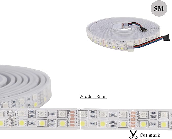 Waterproof RGBW LED Strip Lights Double Row 600LEDs SMD 5050 16.4ft Flexible Strip Lighting DC 12V RGB+Cold White Multi-Colored LED Tape Lights Waterproof IP67 Outdoor Use for Home Décor