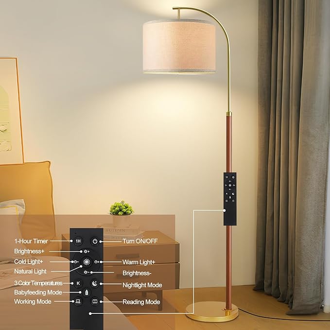 Wood Floor Lamps for Living Room Arc Floor Lamp with Remote Control,Dimmable Farmhouse Floor Lamp Mid Century Modern Standing Lamp with 3 Color Temperature Tall Vintage Floor Lamp For Bedroom Corner