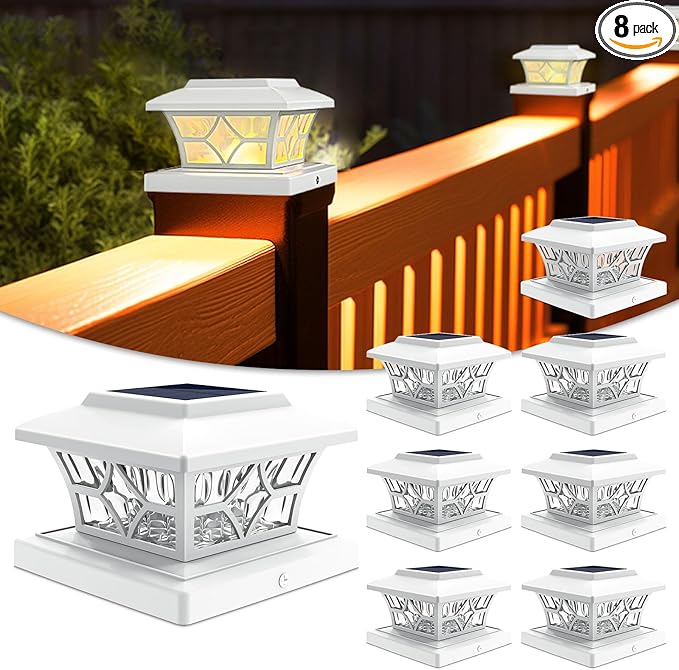VOLISUN Solar Post Cap Lights Outdoor, Solar Powered Fence Cap Lights for 4x4 Vinyl/Wood, White Waterproof Solar Deck Post Light 8Pack Cool/Warm for Garden Patio Porch