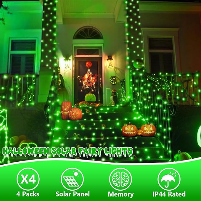 QITONG 4 Pack Green Solar Christmas Lights, Each 33ft 100 LED Christmas Fairy Lights Outdoor Waterproof, 8 Modes Silver Wire String Lights