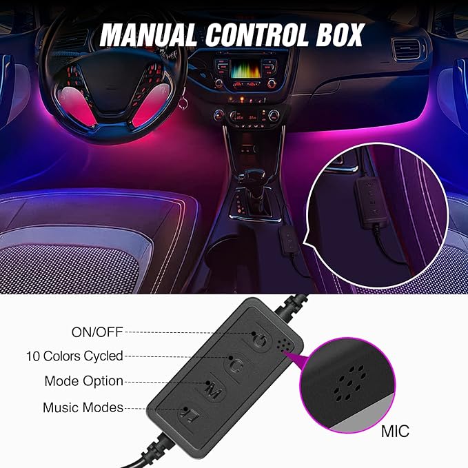 Nilight 72 LED USB Interior Strip Lights Dream Color RGB-IC 12V DC with App RF Remote Control Multicolor Footwell Under Dash Chasing Inside Light Kits 2 Lines Music Sync Mode for Cars Truck ATV UTV