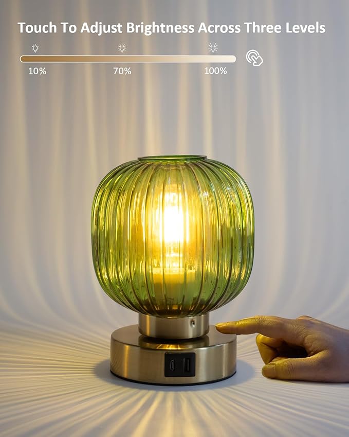 Touch Small Table Lamp,Elegant Green Glass Bedside Lamp 3 Way Dimmable with USB C+A Charging Ports - Bedroom Nightstand & Living Room Essential, 4W Bulb Included (Green)