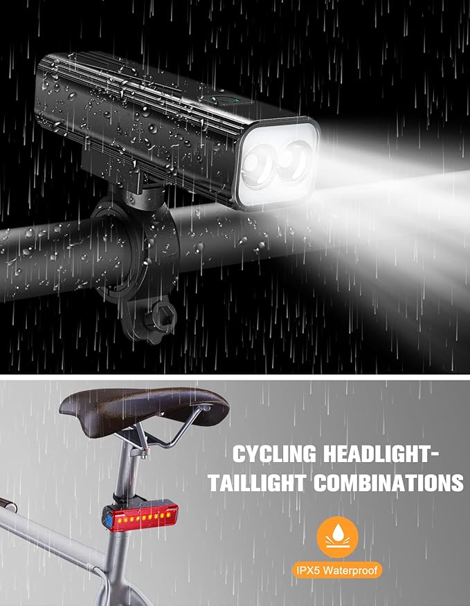 Bike Lights, 1200 Lumen USB Rechargeable LED Bike Light Set, Super Bright Bicycle Lights Front & Back Tail Light, Aluminum Alloy Cycling Bike Flashlight Torch, 5 Light Modes, IPX5 Waterproof