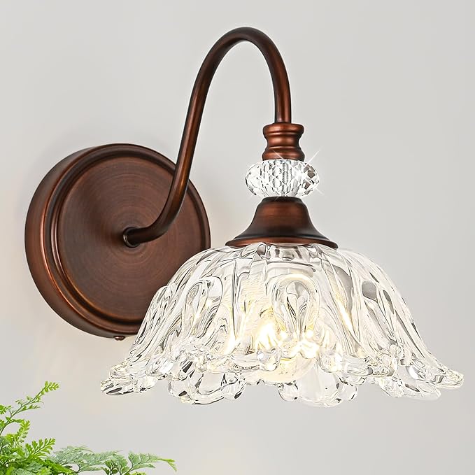 1-Piece Oil-Rubbed Bronze Vintage Wall Sconce with Floral Etched Clear Glass Shade, Farmhouse Wall Mount Lighting for Bathroom,Vintage Bathroom Vanity Light Fixtures