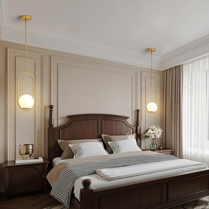 Yunnix Pendant Lights Kitchen Island Modern Gold Globe Pendant Light Mid Century Light Fixture Milk Glass Pendant Lights for Bedroom Dining Room Brushed Brass with One Light (Bulb Not Included)