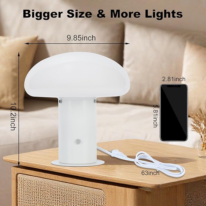 Mushroom Lamp with Touch Control Switch, 3 Way Dimmable Nightstand Lamp for Bedroom and Living Room, 6W LED Bulb Included (White)