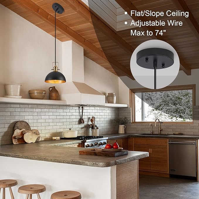 12 Inch Pendant Lights for Kitchen Island Matte Blacks Farmhouse Pendant Light fixtures Adjustable Height Dome Hanging Light for Dinning Room Bedroom Hallway,3 Packs