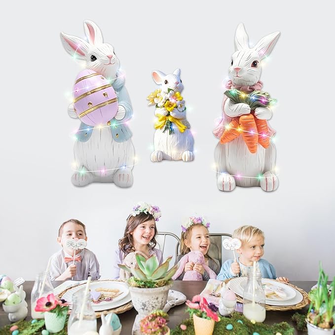 Extra Large Easter Decorations Outdoor Bunny Yard Signs 3pcs with Stakes Cute Bunny Yard Decorations with LED Lights Holiday Welcome Signs for Party, Lawn, Garden Yard Decor