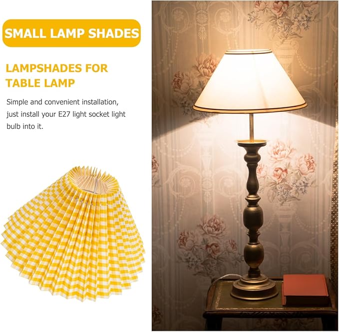 NUOBESTY Vintage Pleated Drum Lamp Shade Cover for Bedroom Table and Floor Lamps Yellow Gingham Cloth Fabric Easy Installation Replacement Lampshade for Home Hotel Study Socket Compatible