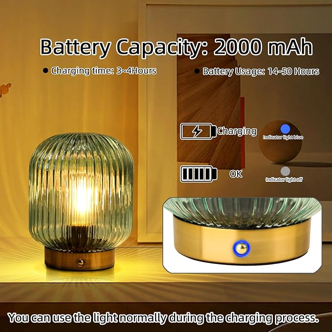 MJ PREMIER Rechargeable Lamp, Green Glass Lamp with Memory Function, Cordless LED Lamp with Dimmable Brightness, Decorative Touch Lamps for Bedroom Living Room