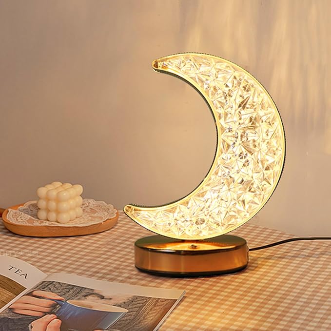 Modern Crystal Table Lamps Moon Lamp with Base Touch Control,Rechargeable and Dimmable Bedside Nightstand Nursery Light 3 Color Adjustable, Christmas Ramadan Bedroom Decorations Gift,7x4x4in