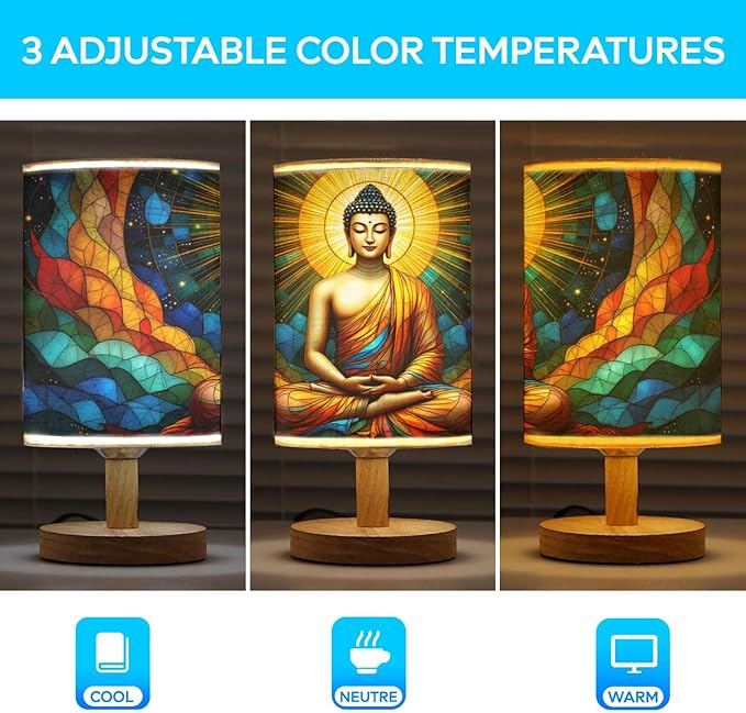Buddha Table Lamp LED 3-Color Pressed Bedside, Buddha Shade Lamp with Wood Base for Bedroom Living Room Desk Office TL01